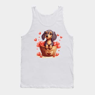 Cartoon Dachshund Dog in Hearts Basket Tank Top